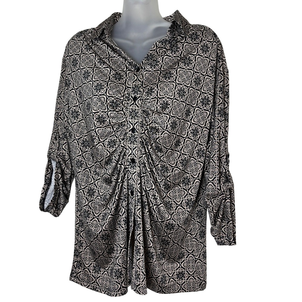 NY Collection Petite Ruched Front Medallion Print Blouse Collared Classic NWT